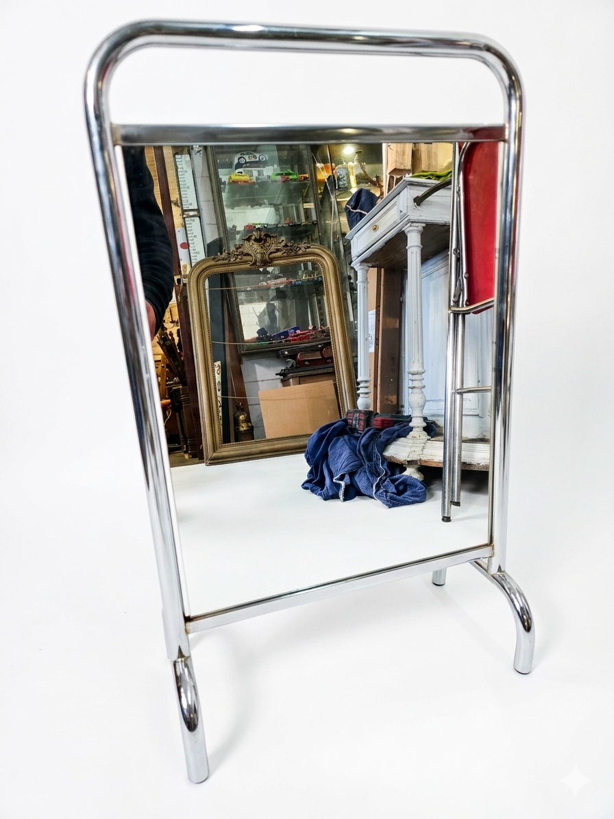 Chrome metal freestanding dressing mirror from the 1970s.