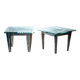 2 brutalist steel side tables with primitive  scene motifs etched glass