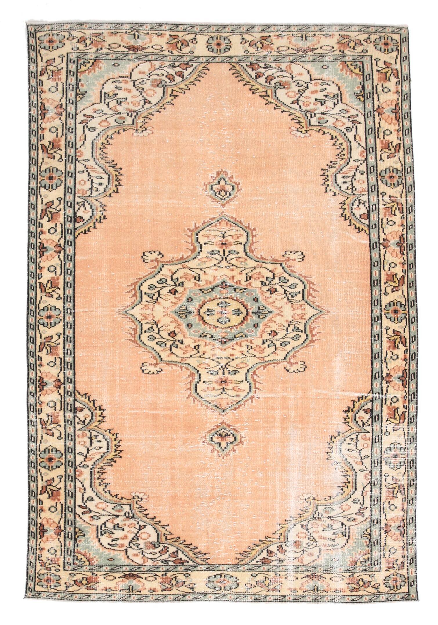 6x9 Peach & Light Green Oriental Vintage Area Rug, 183x273Cm