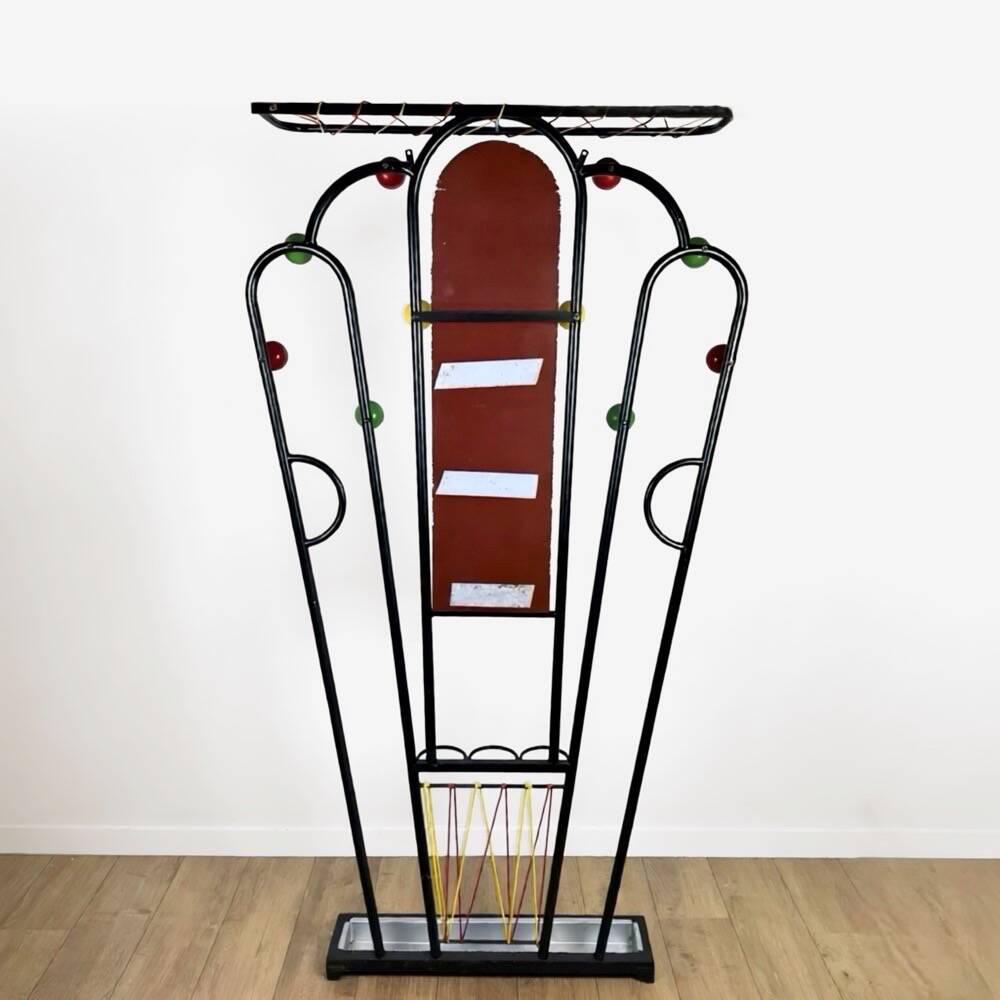 Metal coat rack with wooden balls and scoubidou from the 1960s.