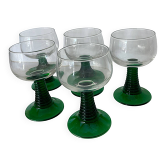 5 two-coloured green stemmed glasses with conical stems Roemer