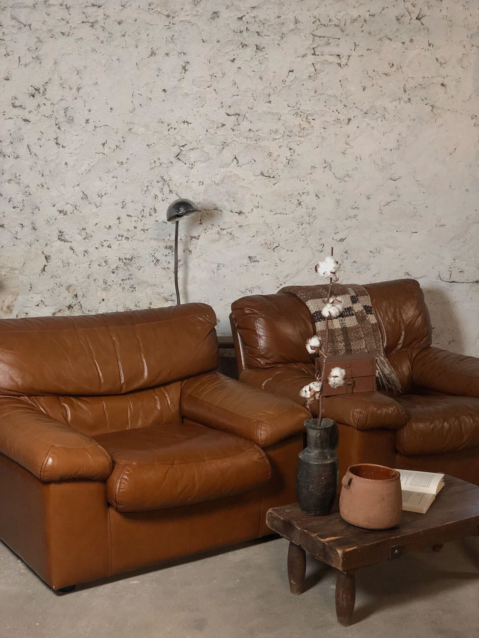 Pair camel leather armchairs