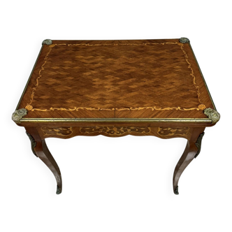 Louis XV style gaming table in marquetry with geometric decorations circa 1850