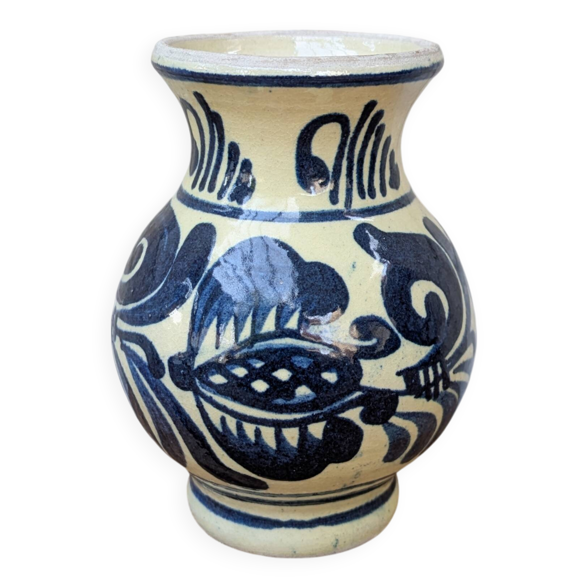 Vase en terre cuite vernissée motif bleu Korond Transylvanie H11cm