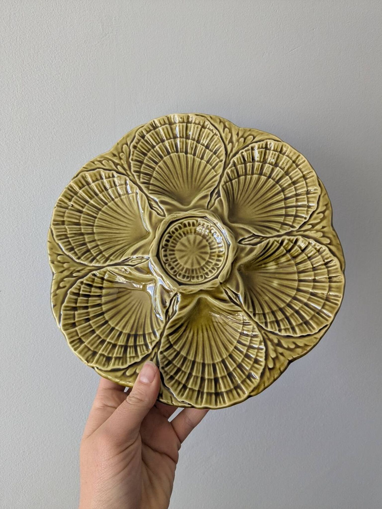 Set of 3 vintage green Sarreguemines majolica oyster plates.