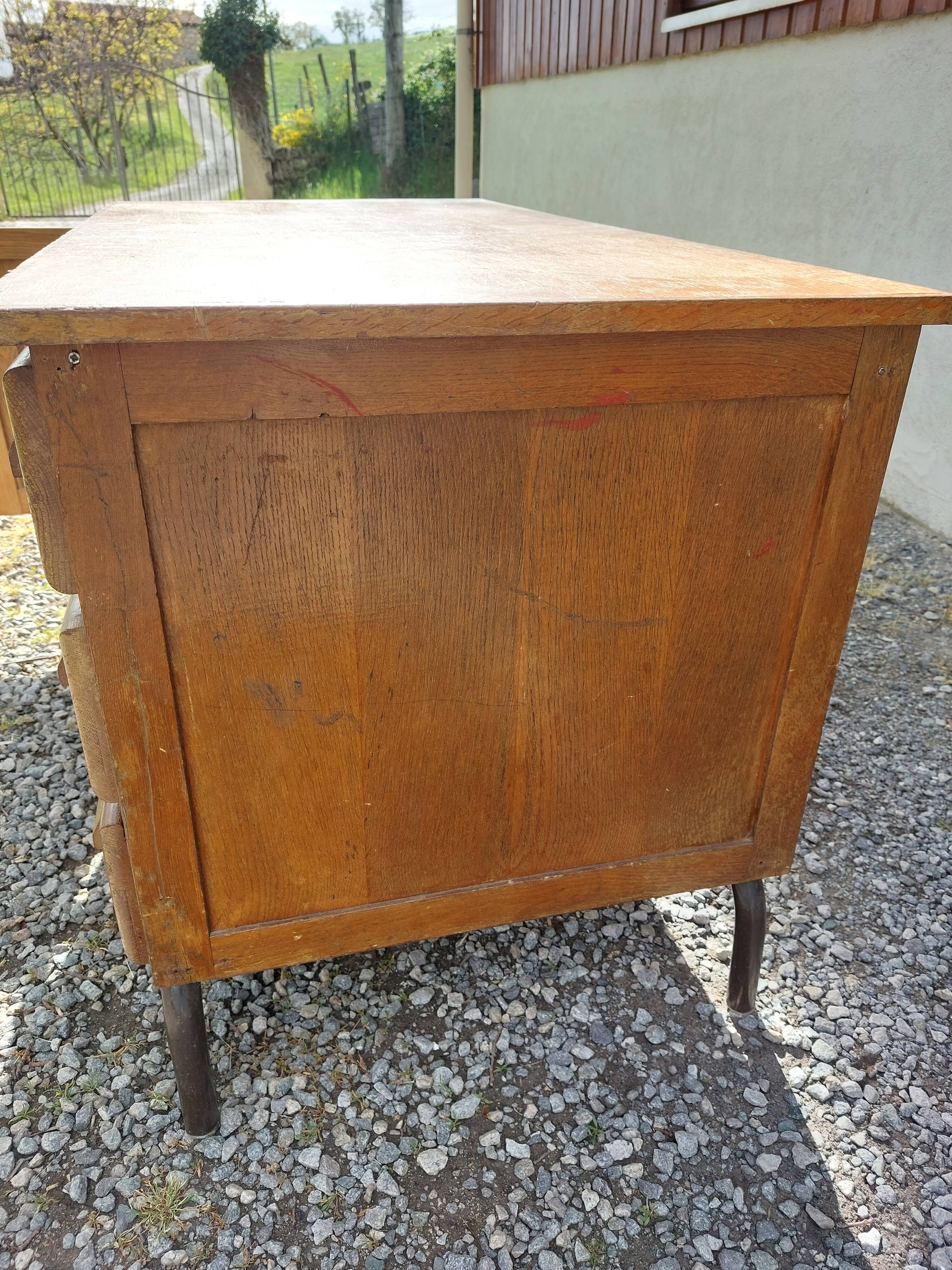 schoolmaster's desk, wood and metal, with drawers and cupboard