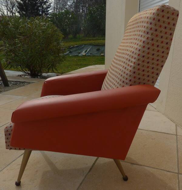 Retro vintage rockabilly armchair in orange faux leather and vintage fabrics