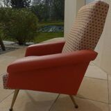 Retro vintage rockabilly armchair in orange faux leather and vintage fabrics