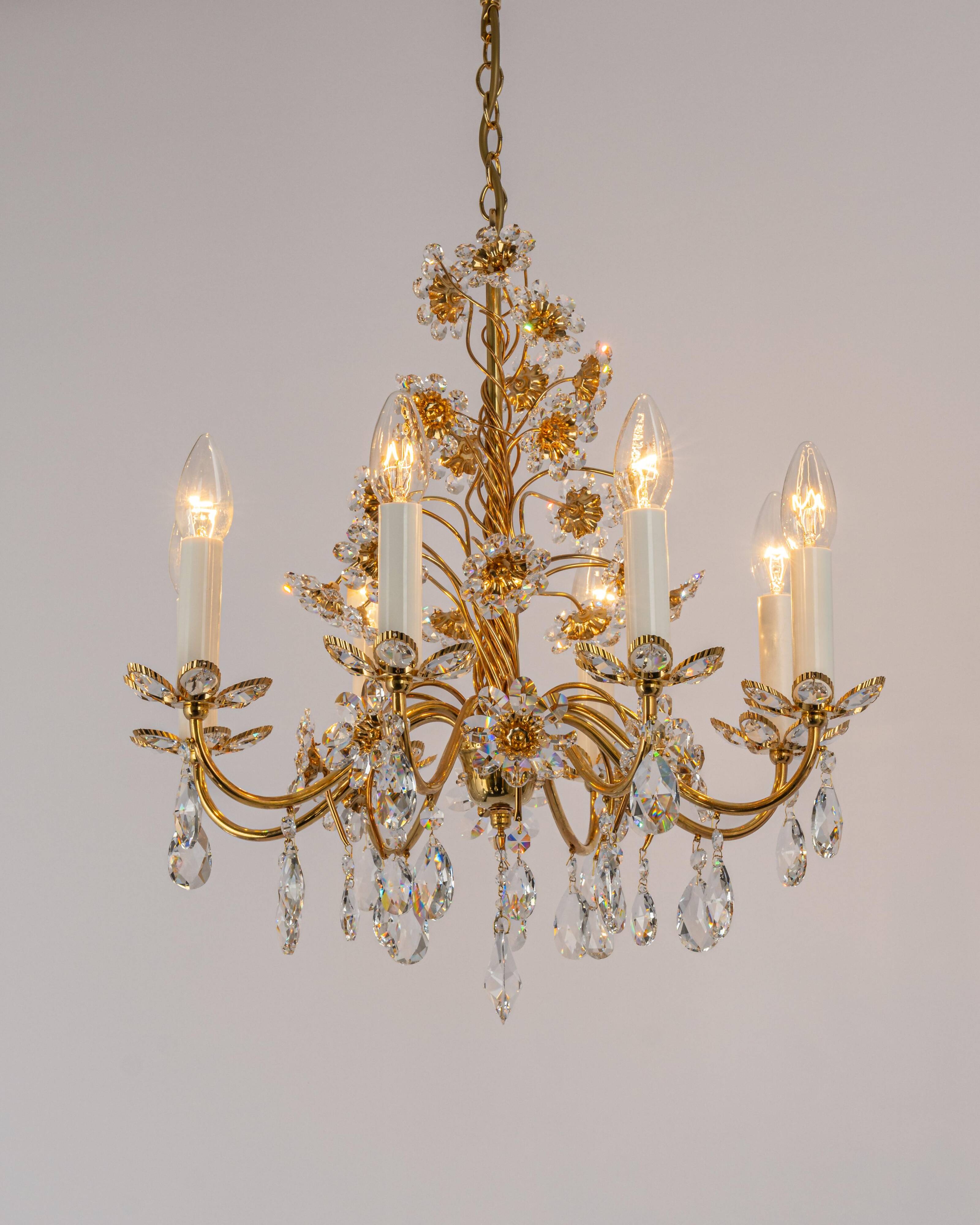 Large flower-shaped chandelier in gilded brass by Palwa, Germany, 1970s.