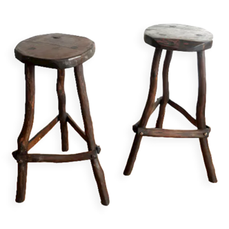 Pair of brutalist wooden stools