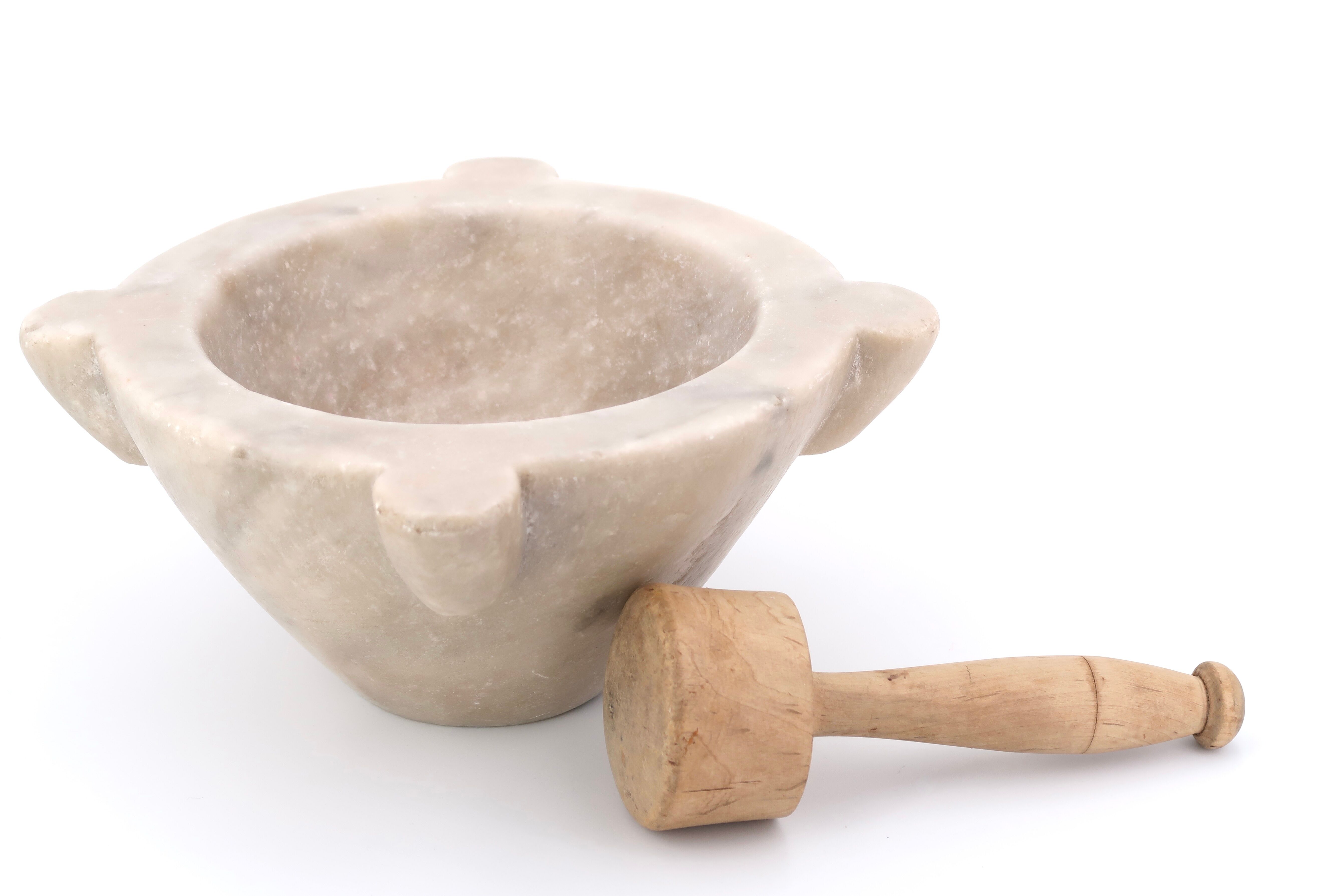 Marble mortar and wooden pestle, nineteenth century