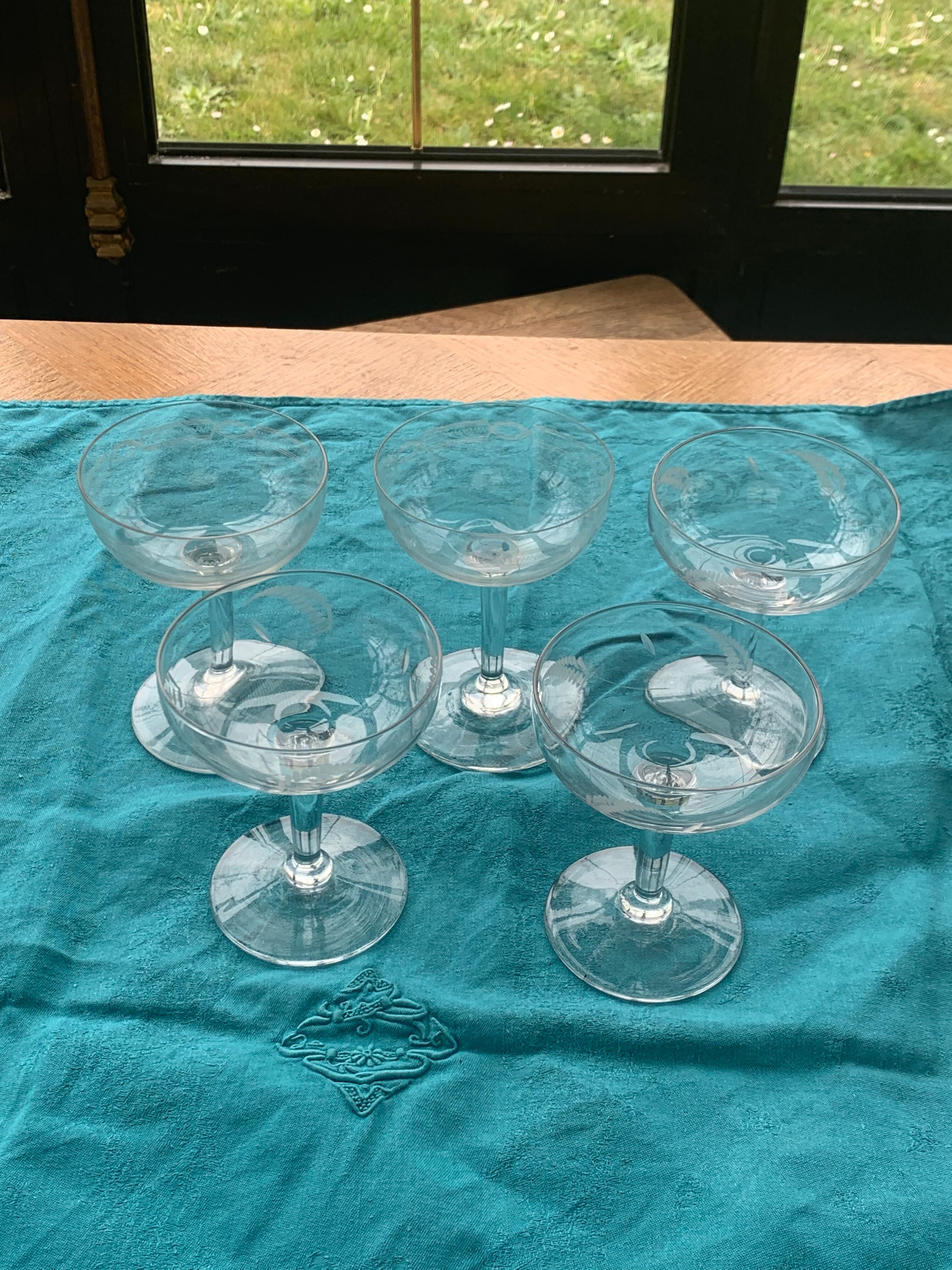 5 vintage mismatched champagne glasses
