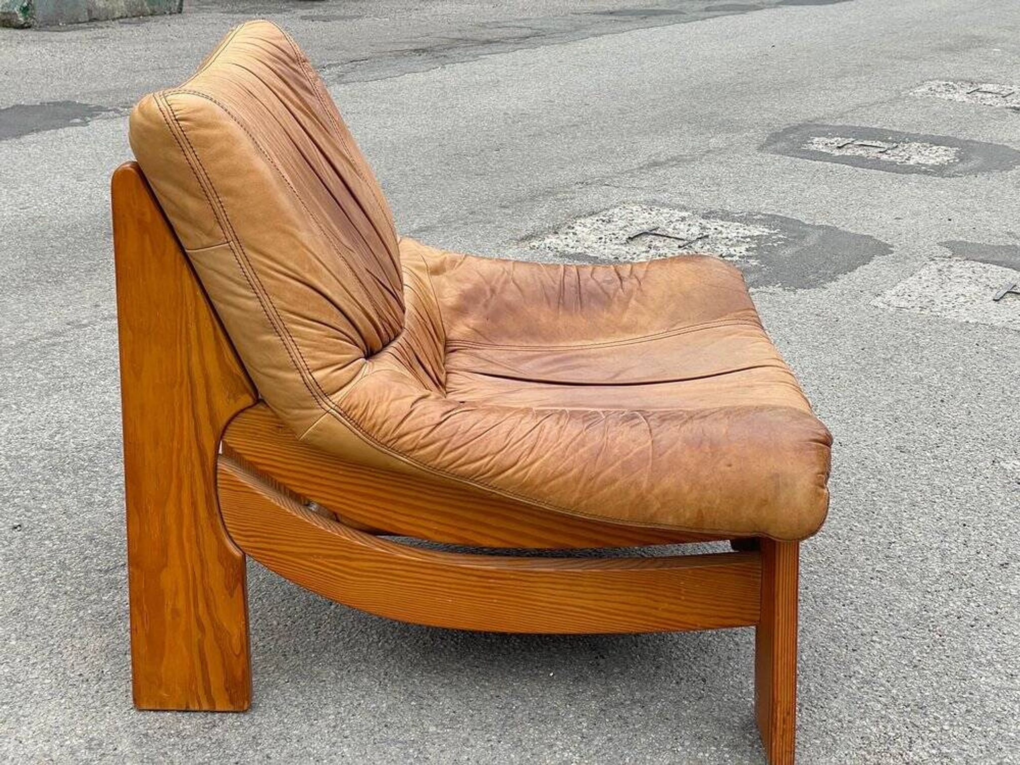 Vintage leather and pine lounge chair by Maison Regain, 1970s