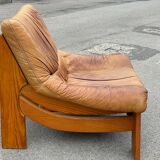 Vintage leather and pine lounge chair by Maison Regain, 1970s