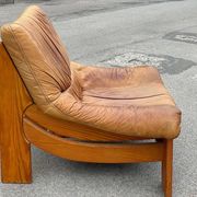 Vintage leather and pine lounge chair by Maison Regain, 1970s