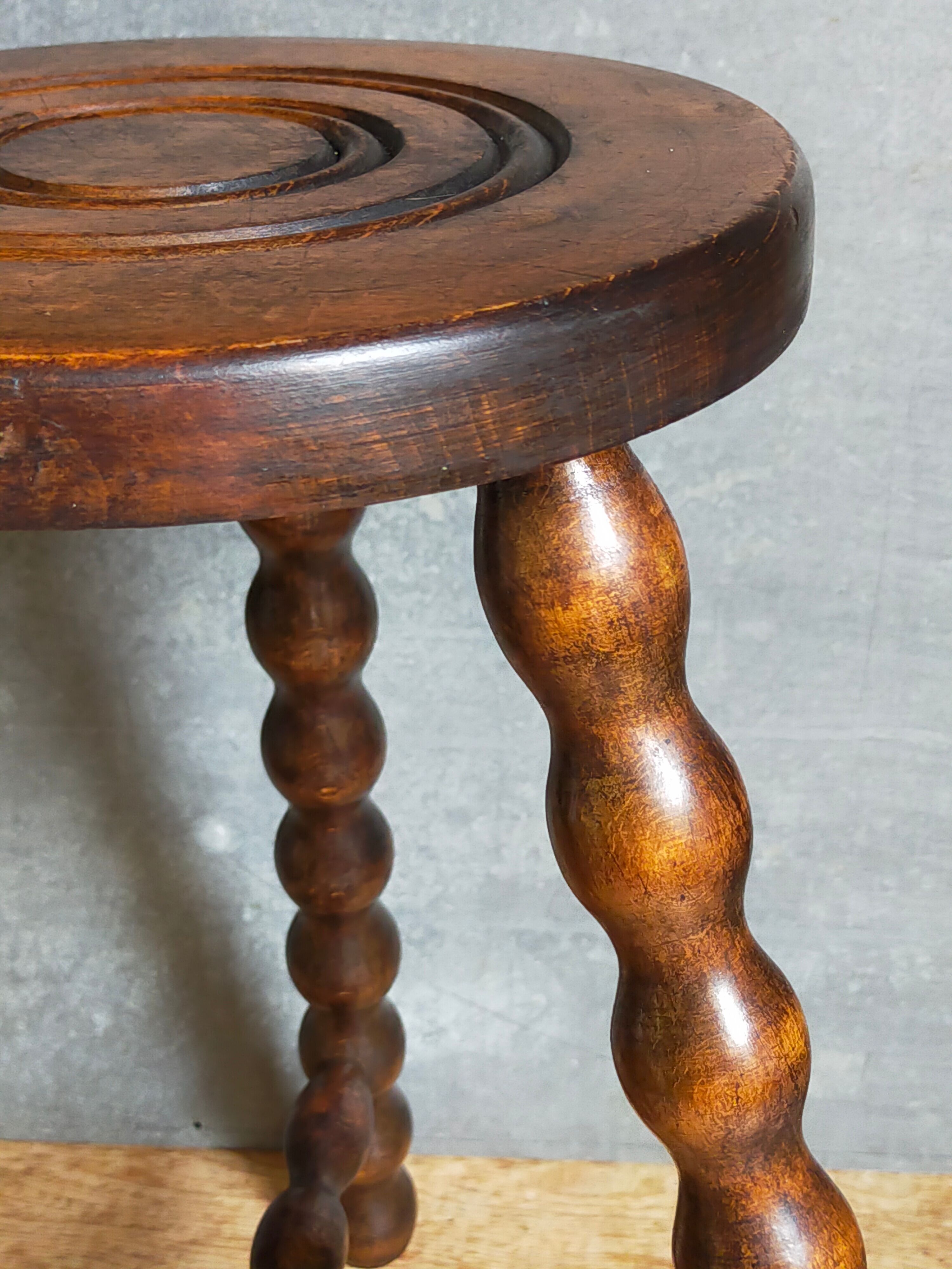 Tripod stool solid wood turned vintage