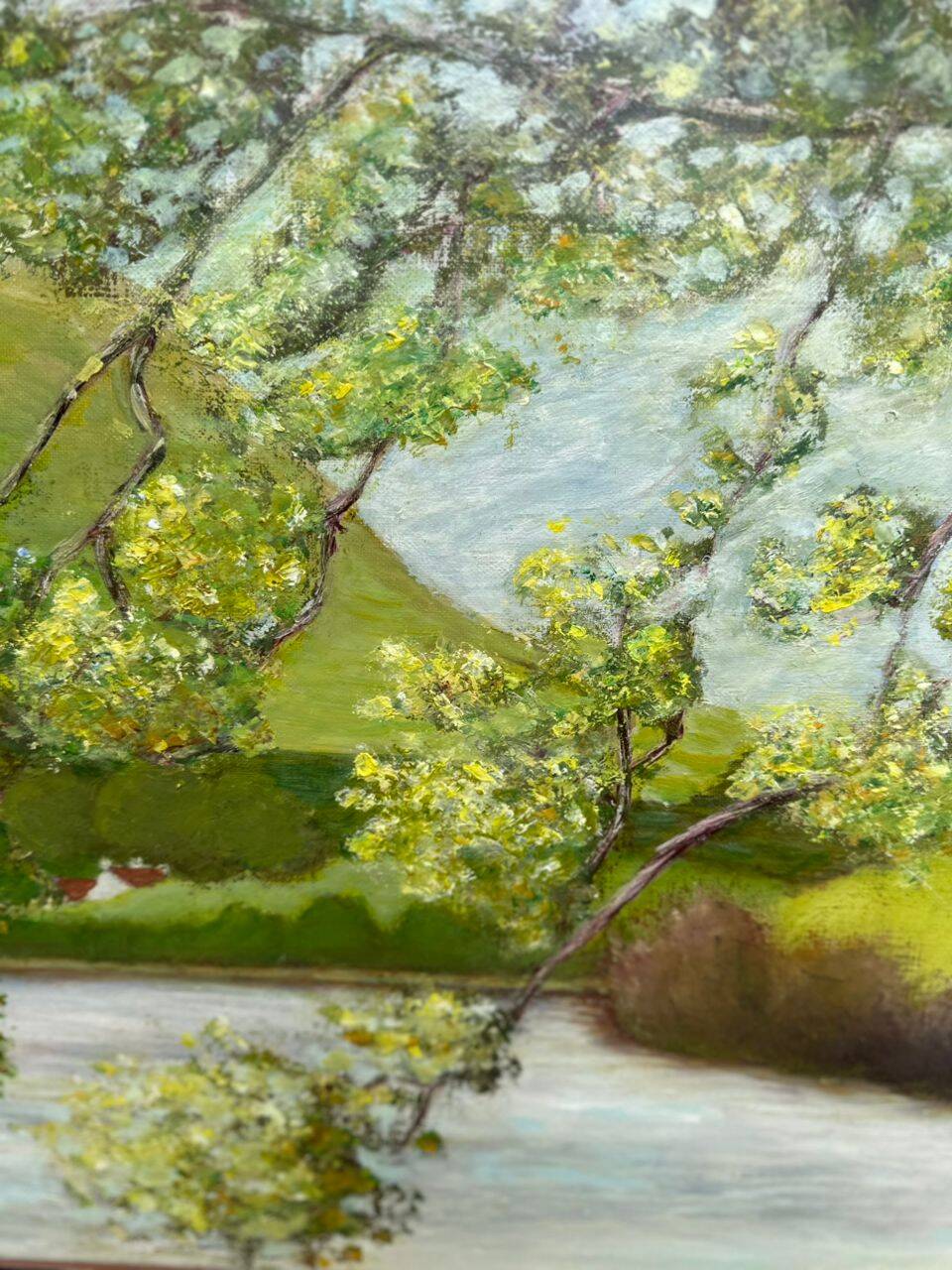 Oil painting on canvas, landscape of the Seine, 75x56cm.