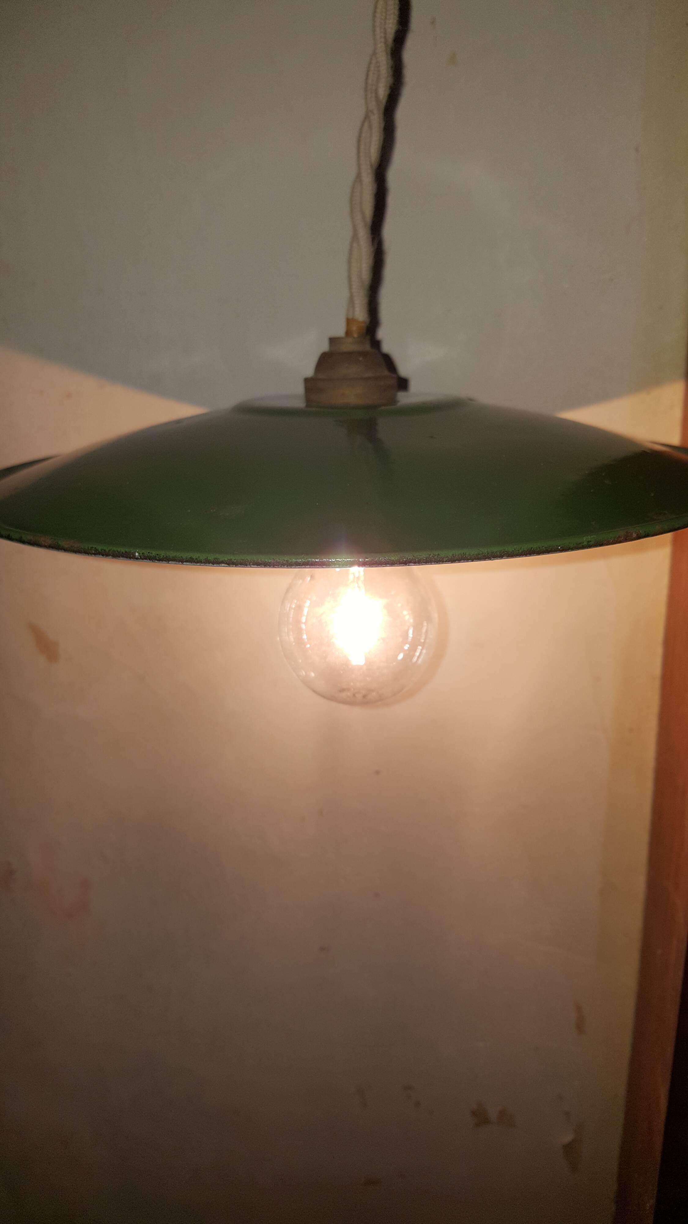 Green and white enamelled metal lampshade