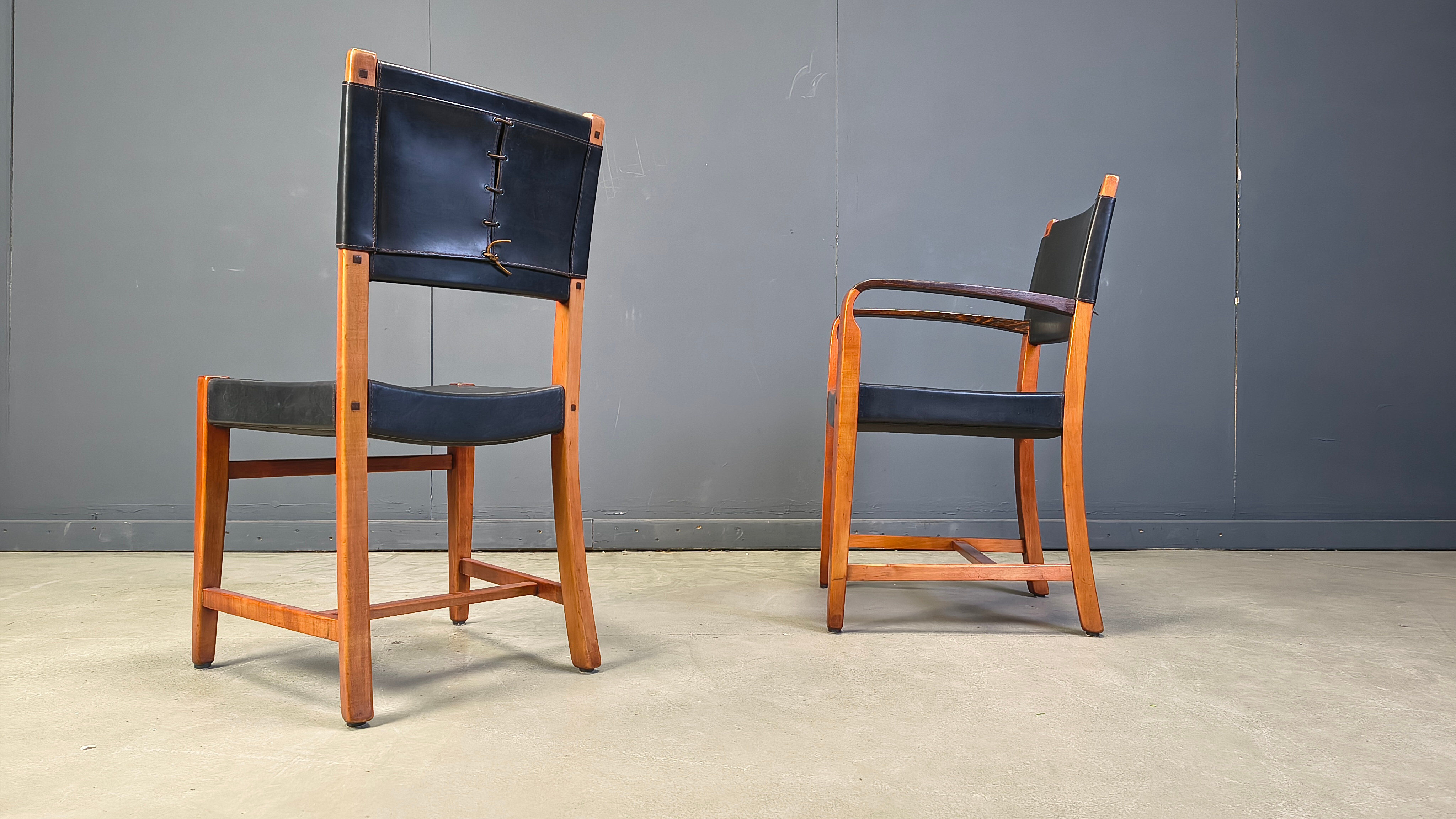 Vintage Spanish leather and wood dining chairs, set of 6 - 1970s