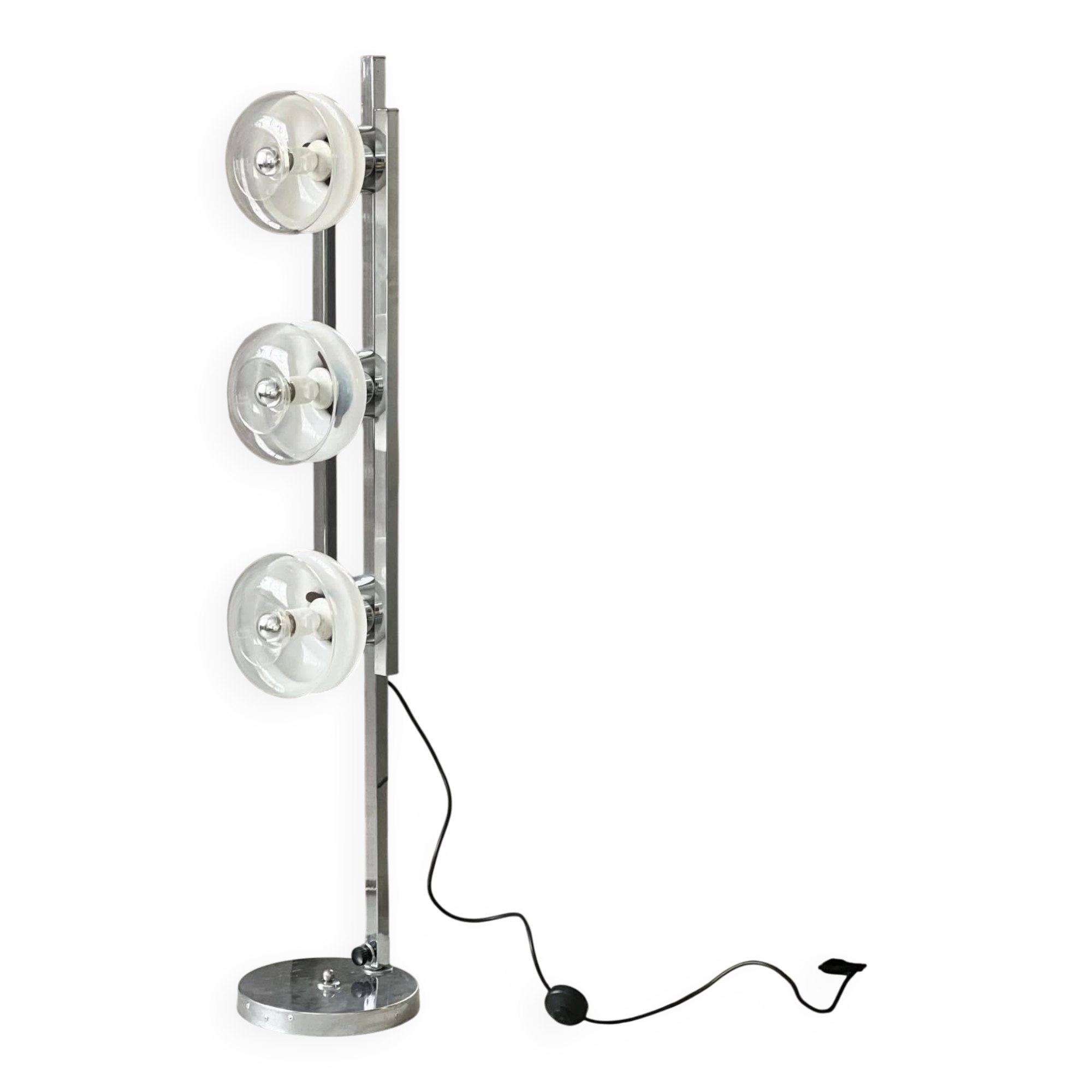 Vintage Italian Floor Lamp in Chromed Metal and Glass with Three Faded Shades