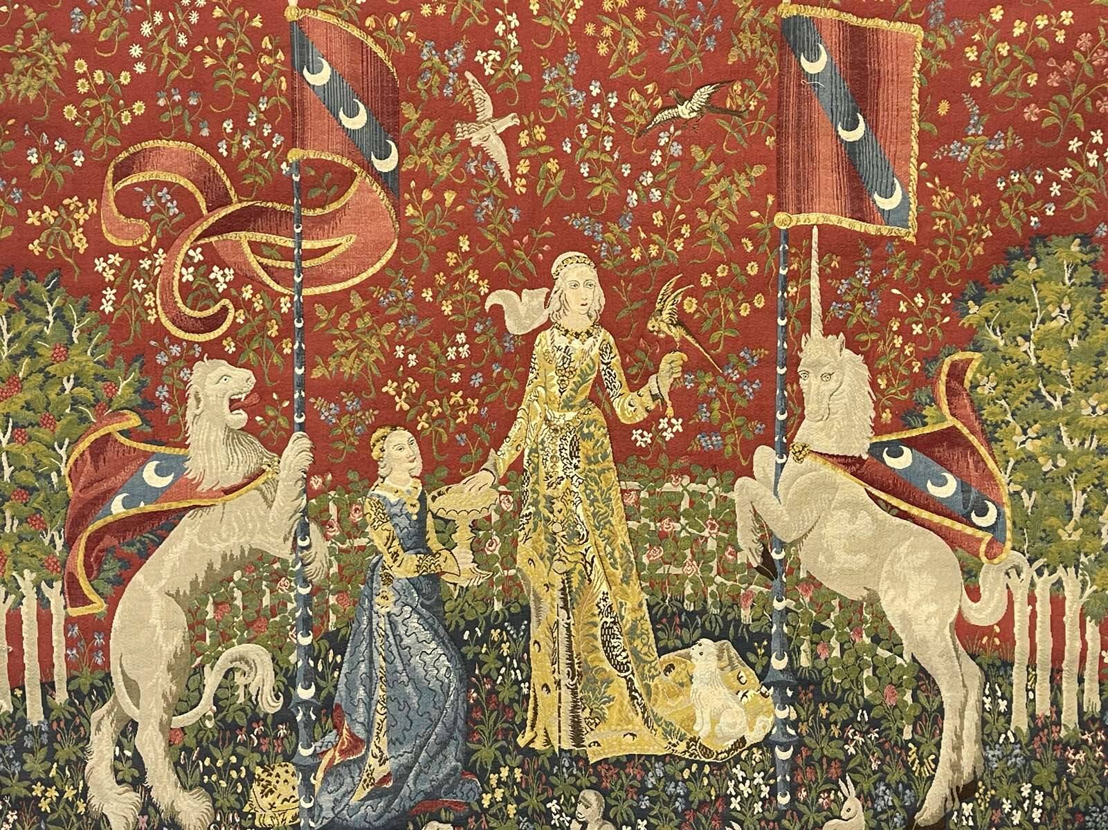 Medieval-style handmade tapestry, named Lady with the Unicorn.