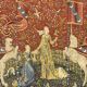 Medieval-style handmade tapestry, named Lady with the Unicorn.