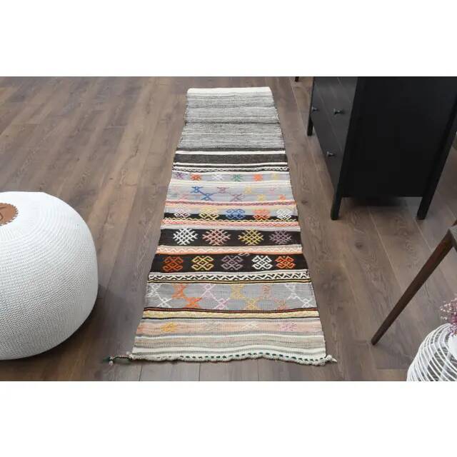 1970s Vintage Turkish Oushak Handmade Wool Cotton Beige Runner Rug 63x237
