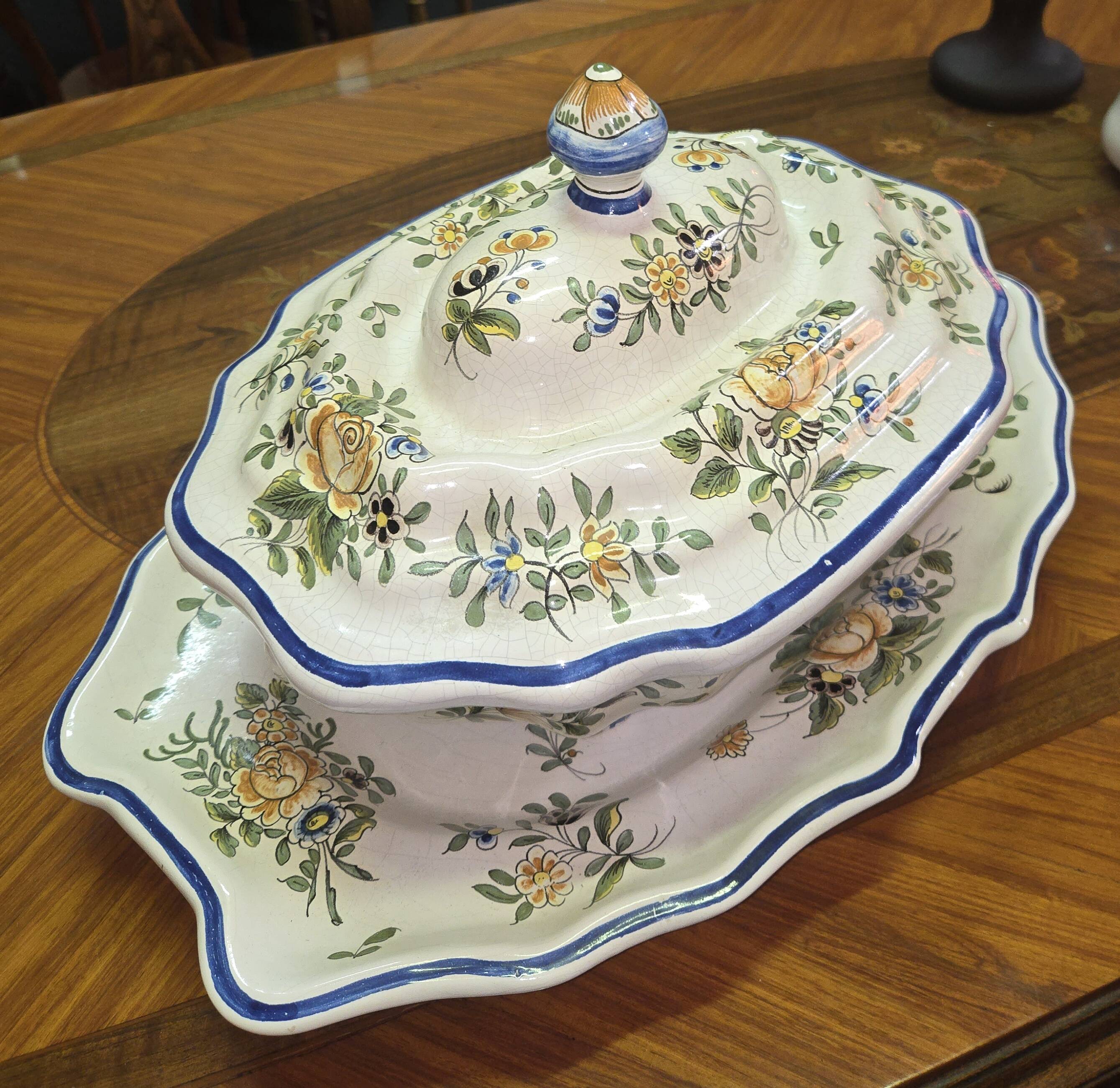 Enormous antique soup tureen in earthenware – floral decoration – with matching tray