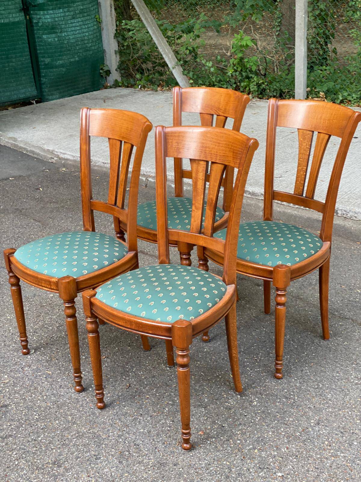 4 solid wood dining chairs with green fabric Louis Philippe 198