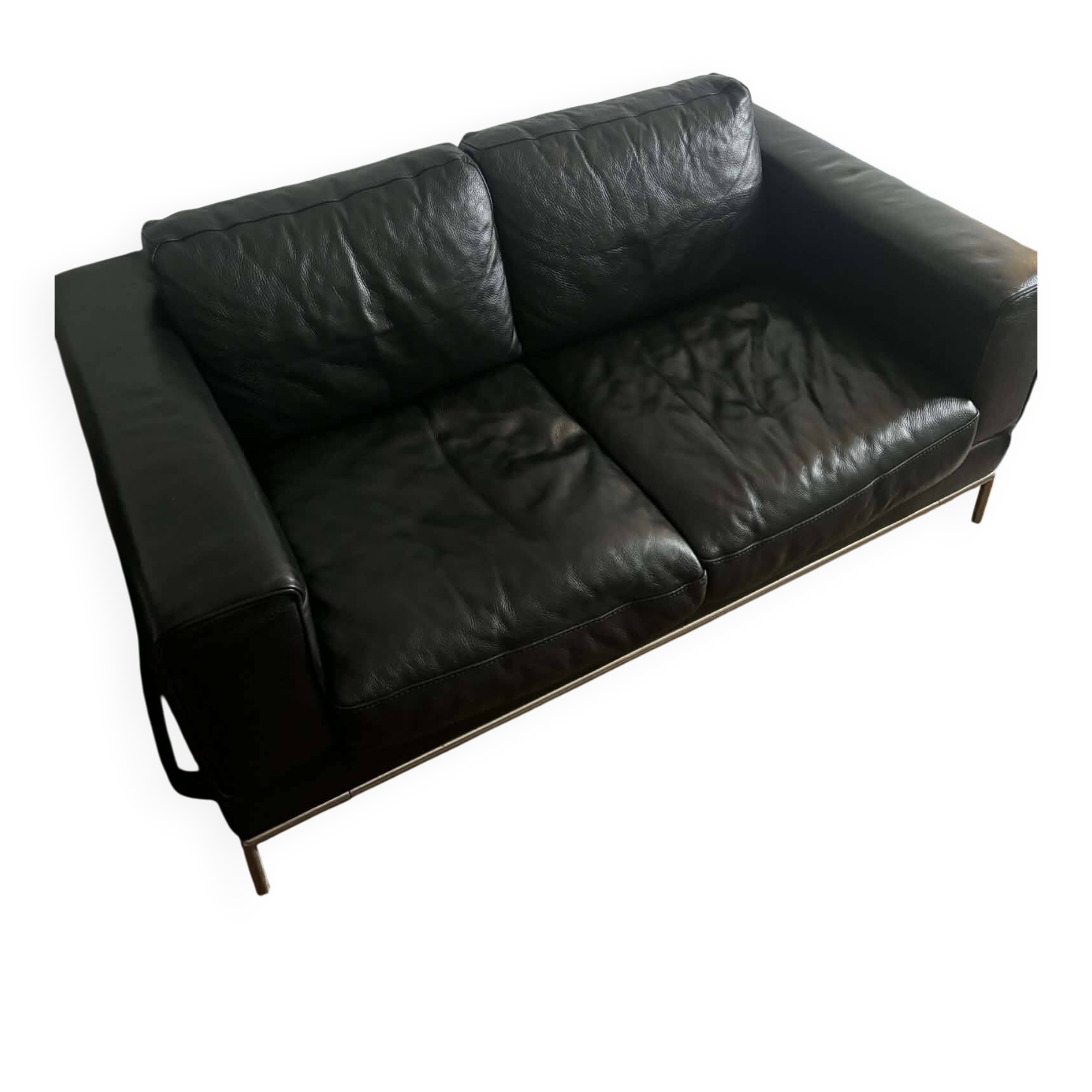 Vintage black leather 2-seater sofa - Corbusier style