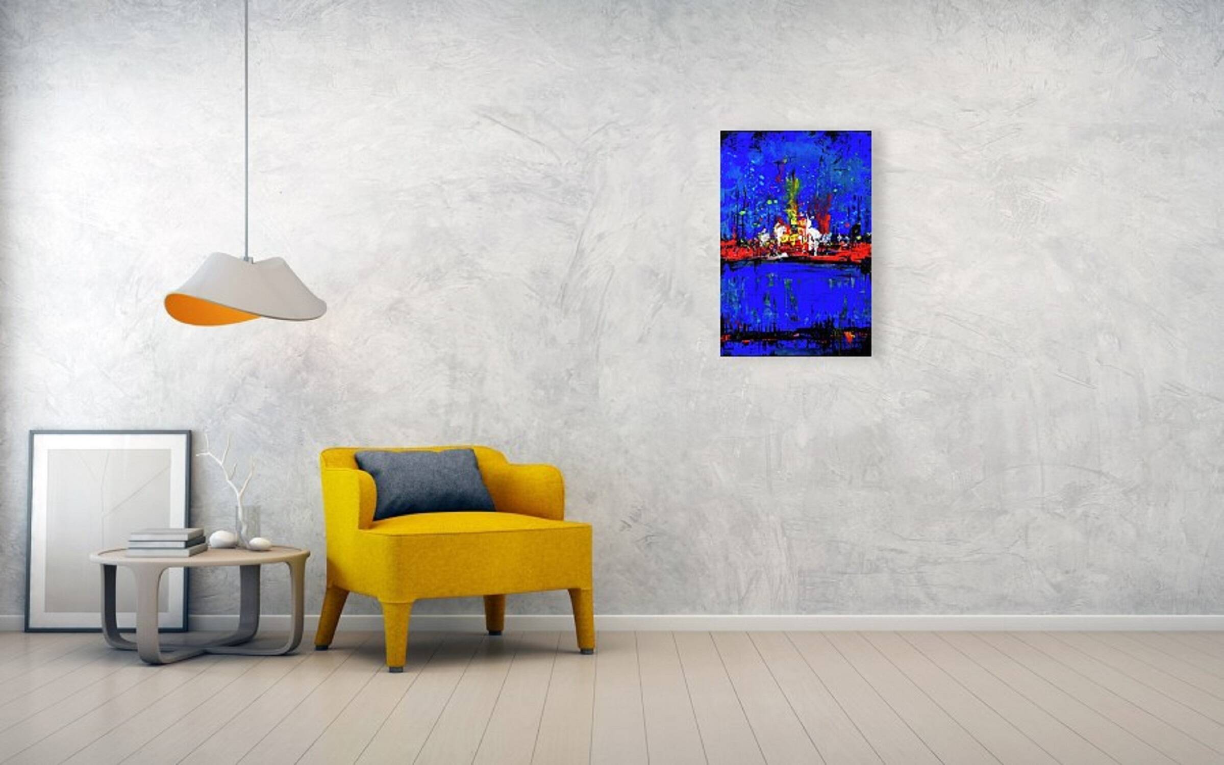 Abstract blue and red colors acrylic painting on stretched canvas