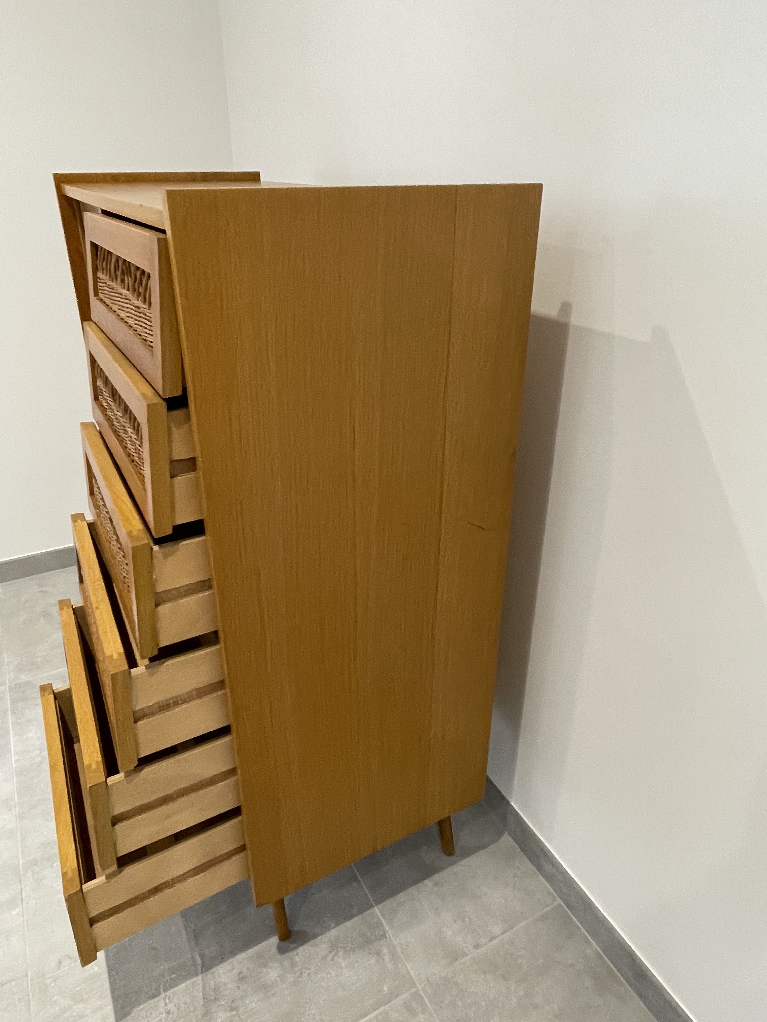 Children's wardrobe in wood and rattan with so-called Parisian compass feet