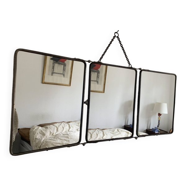 Miroir vintage 1950 triptyque barbier simili lézard noir coiffeur - 27 x 67