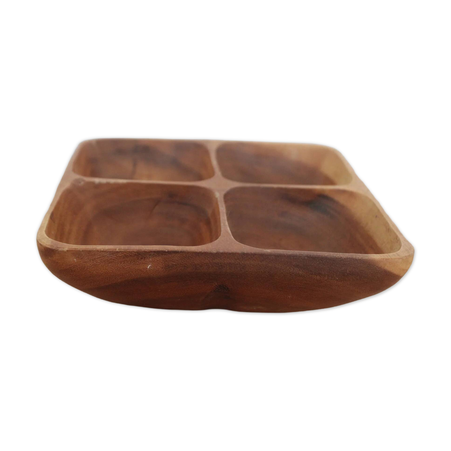 Vintage exotic wood aperitif platter – 4-compartment monkey pod style dish