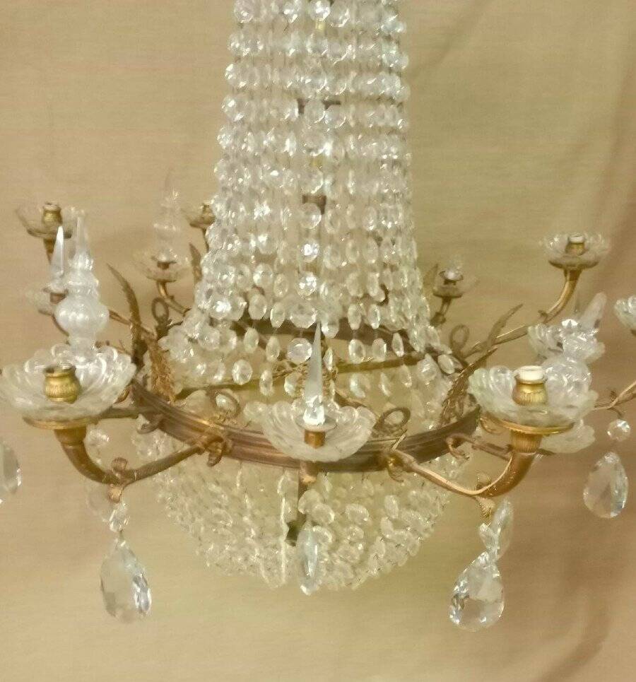 Large curved chandelier floor lamp in bronze and crystal, 19th century