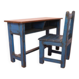 Antique Burmese teak school desk/chair set with original blue patina