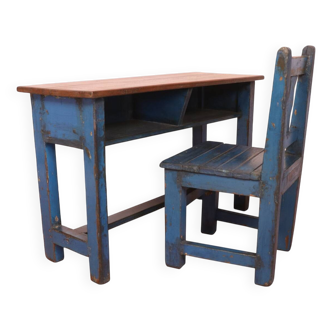 Antique Burmese teak school desk/chair set with original blue patina