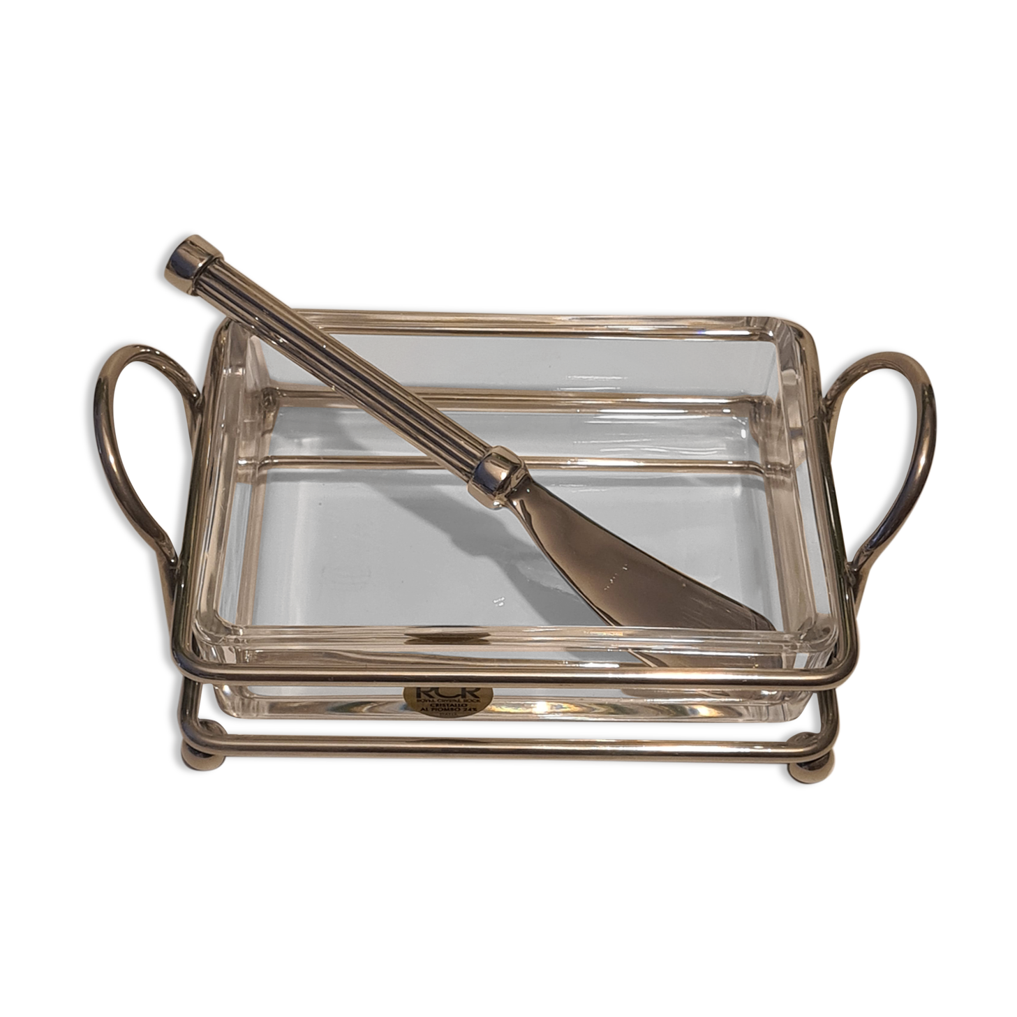 Crystal butter and silver metal with butter knife
