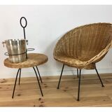 Side table 1950 wicker and portable metal