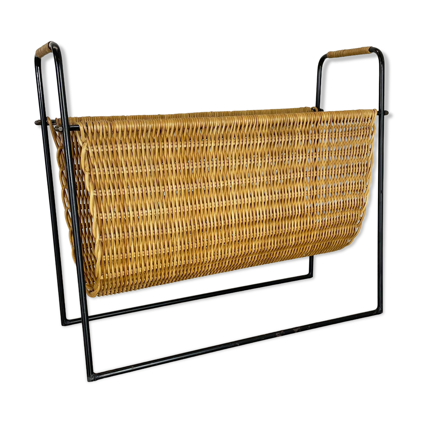 Aubock Style Mid-Century Rattan Bauhaus Magazine Holder, France, 1950s