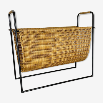 Aubock Style Mid-Century Rattan Bauhaus Magazine Holder, France, 1950s