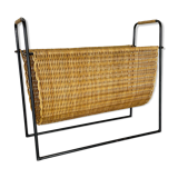 Aubock Style Mid-Century Rattan Bauhaus Magazine Holder, France, 1950s