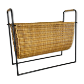Aubock Style Mid-Century Rattan Bauhaus Magazine Holder, France, 1950s