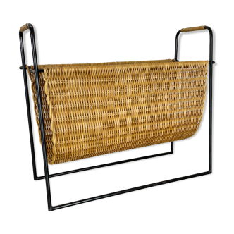 Aubock Style Mid-Century Rattan Bauhaus Magazine Holder, France, 1950s