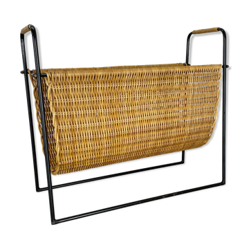 Aubock Style Mid-Century Rattan Bauhaus Magazine Holder, France, 1950s