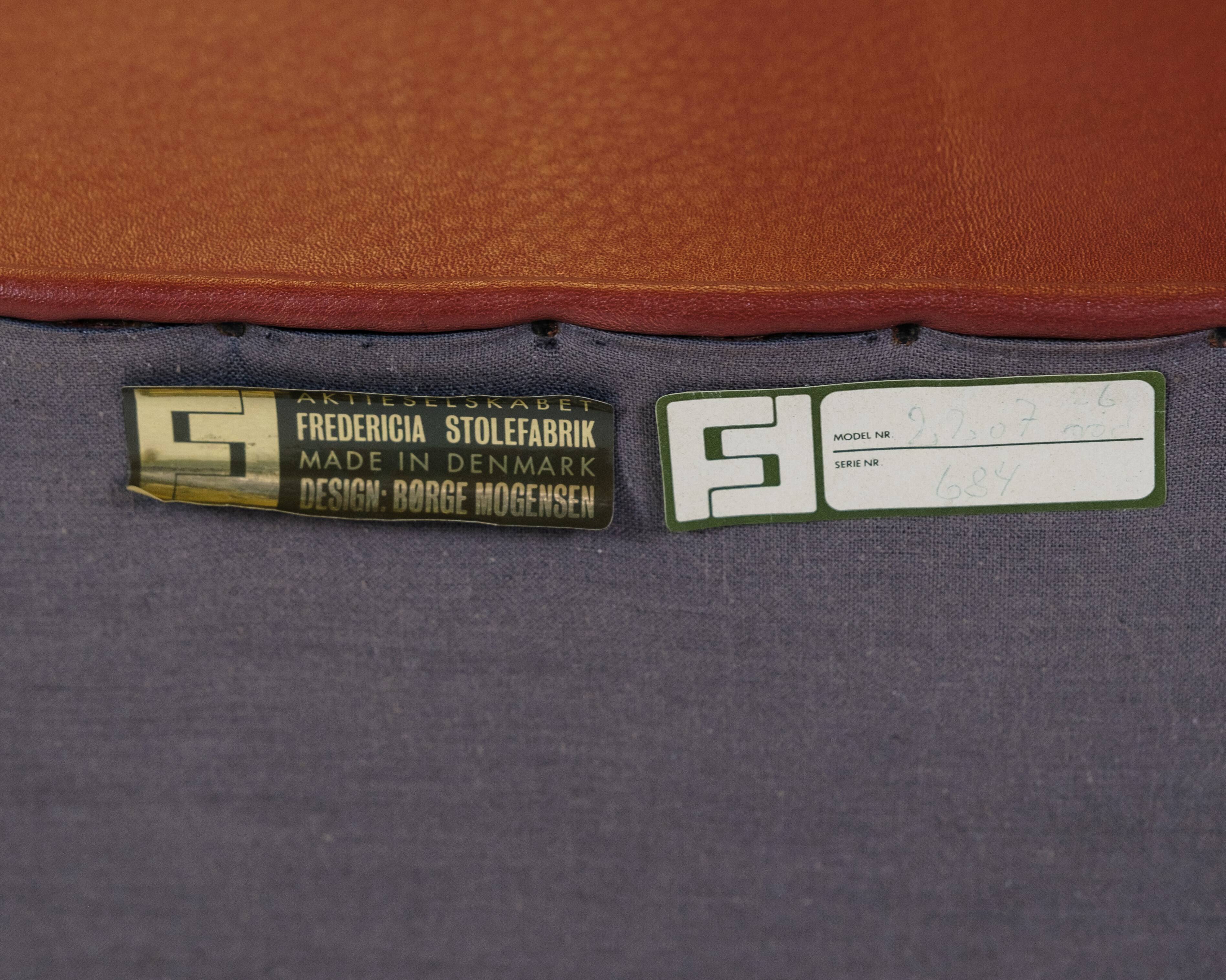 Armchair Model 2207 Made In Red Leather & Oak Frame By Børge Mogensen From 1960s