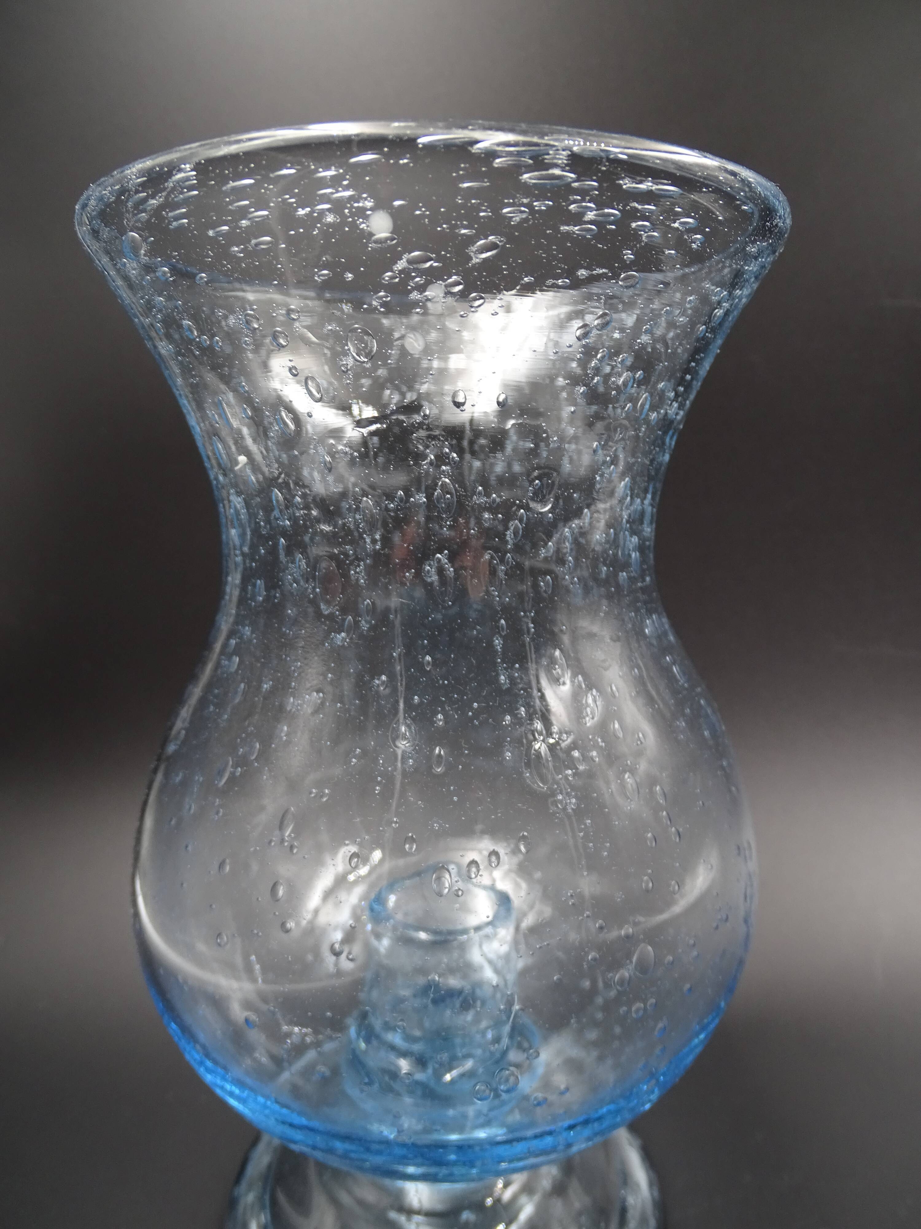 Candlestick or photophore in sky blue bulled glass, signed Biot