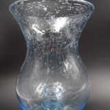 Candlestick or photophore in sky blue bulled glass, signed Biot