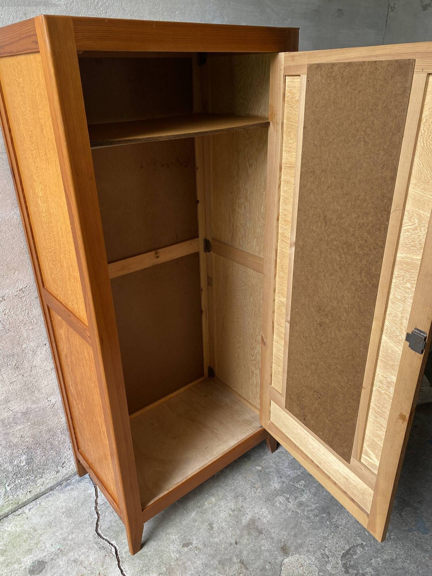 Vintage Parisian wardrobe with one mirrored door from the 60s in pine and wood