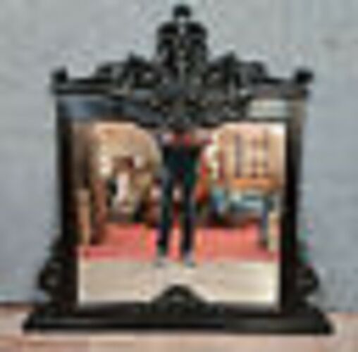 Miroir renaissance baroque de château en bois noirci vers 1850 125 X 123cm